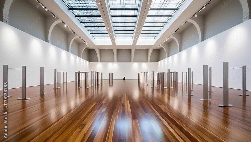 Fototapeta premium Large, empty exhibition hall suitable for galleries, Empty modern building interior background, Minimalist museum gallery lobby with blurred background, suited for events, created with generative ai