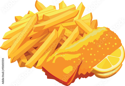 Crispy fish and chips with lemon, traditional british dish
