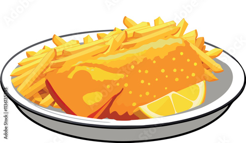 Breaded fried fish fillet with french fries and lemon slice on plate