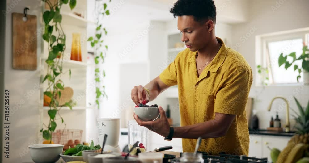 Man, fruit or smoothie with blender in kitchen for healthy diet, meal prep or nutrition at home. Male person, nutritionist or preparation with ingredients for drink, breakfast beverage or detox snack Man, fruit or smoothie with blender in kitchen for healthy diet, meal prep or nutrition at home. Male person, nutritionist or preparation with ingredients for drink, breakfast beverage or detox snack
