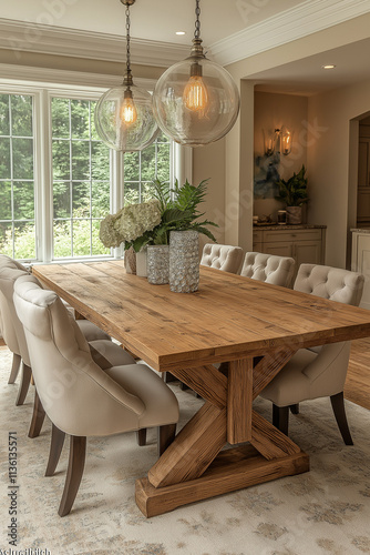 Photographie intérieure d'une salle à manger élégante et spacieuse avec une grande table en bois pour les repas en famille photo