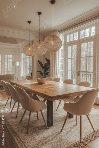 Photographie intérieure d'une salle à manger élégante et spacieuse avec une grande table en bois pour les repas en famille photo