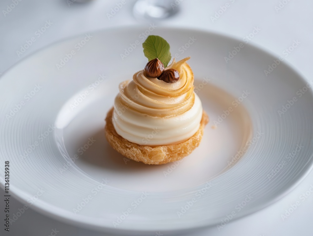A delicate dessert with creamy frosting and garnishes on a pastry base. A delicate dessert with creamy frosting and garnishes on a pastry base.