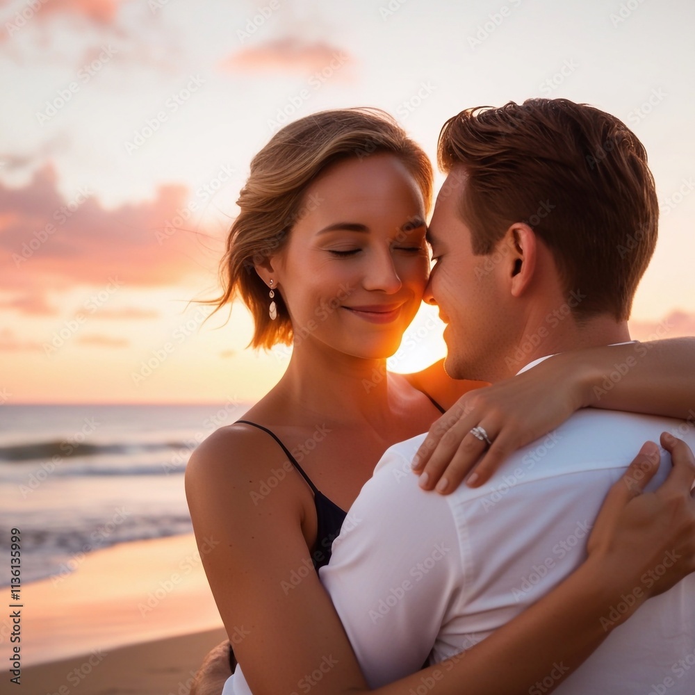 Fototapeta premium Couple in love, man and woman. Hugging on the seashore. In the light of sunset.