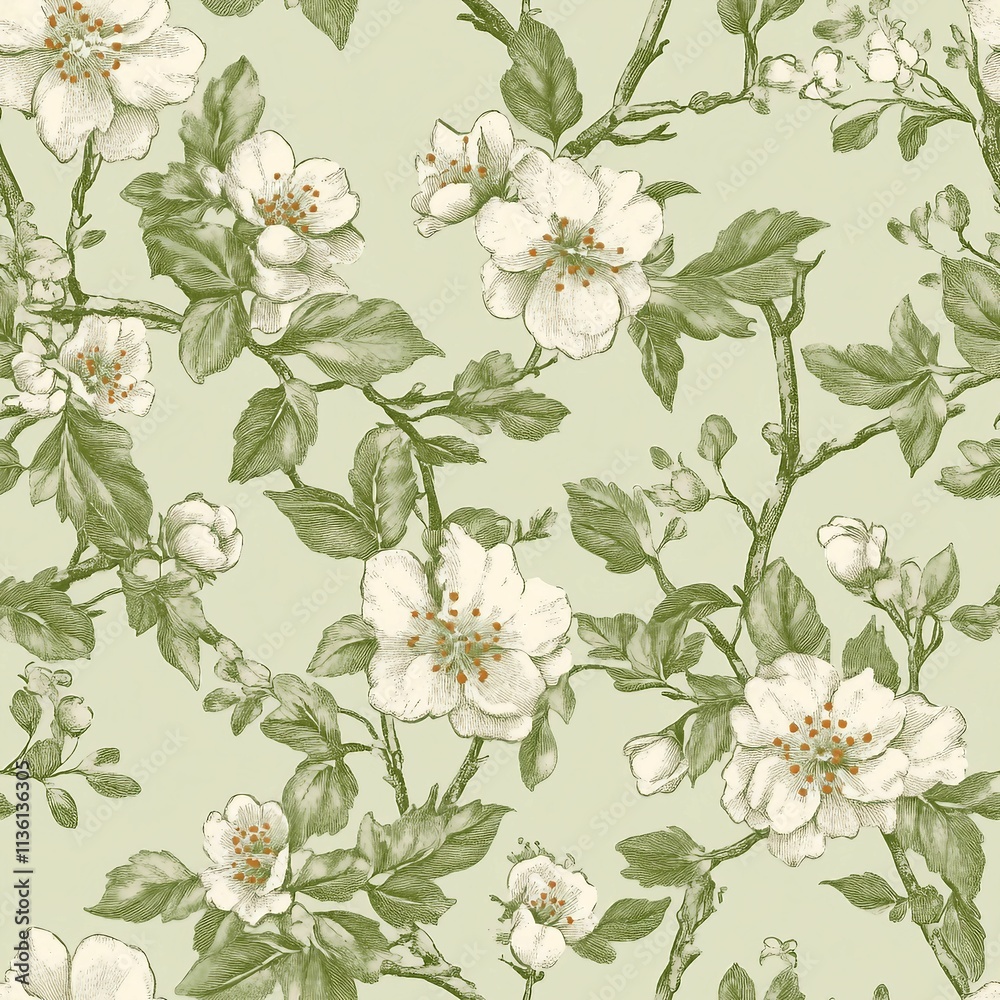 Seamless floral pattern. Vector botanical background. Tree branches with flowers. Green Seamless floral pattern. Vector botanical background. Tree branches with flowers. Green