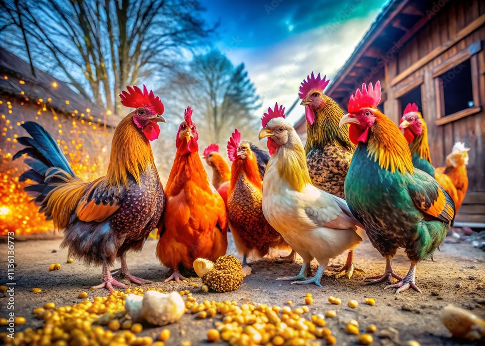 Fototapeta premium Fun & Fancy Chickens: Delightful Poultry Photography - Adorable Chickens, Colorful Feathers, Farm Animals, Chicken Photoshoot