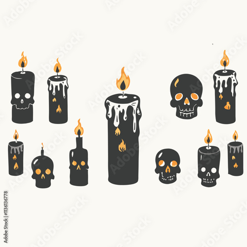 Kawaii cute vector illustration icon graphic badge design set of colorful halloween spooky magic witchy cartoon skulls with candles Isolated vector illustration