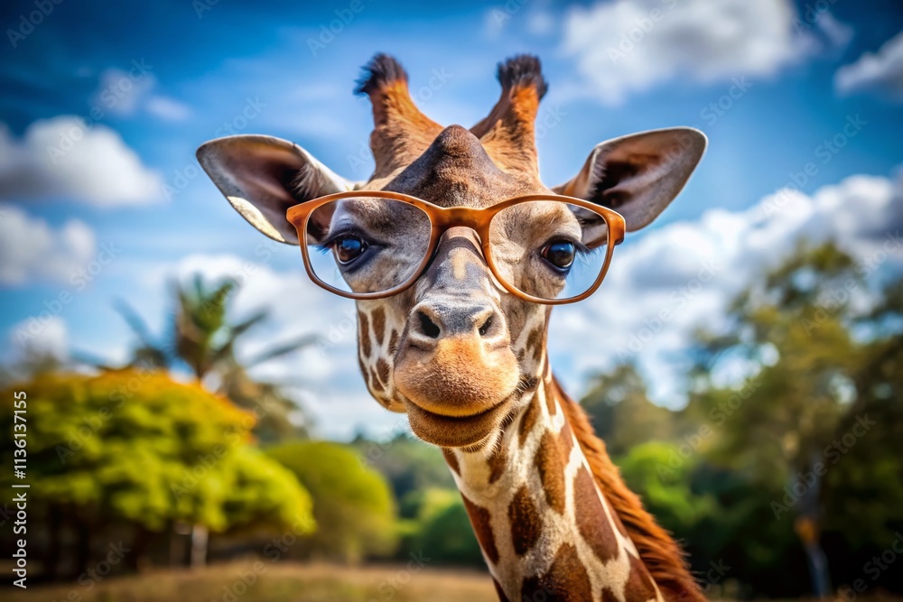 Naklejka premium Funny Giraffe Wearing Glasses, Hilarious Animal Photos, Cute Giraffe Images, Whimsical Wildlife Photography, Safari Animal Glasses