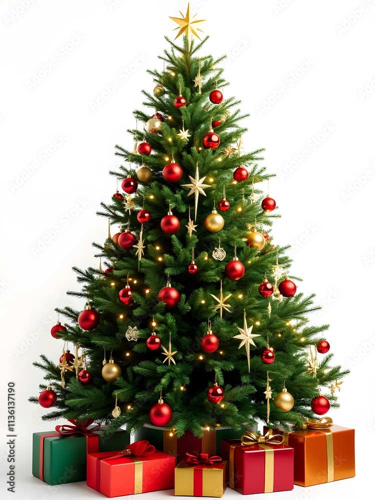Joyful Christmas: Decorated Tree with Red and Gold Ornaments Surrounded by Gifts
Joyful Christmas: Decorated Tree with Red and Gold Ornaments Surrounded by Gifts