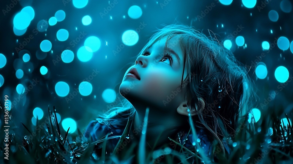 Little girl looking up at glowing orbs in the grass at night. Little girl looking up at glowing orbs in the grass at night.