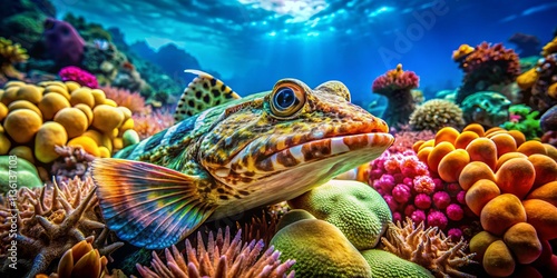 Captivating Tilt-Shift Photography of Crocodilefish in the Crystal Clear Waters of Kapalai, Sabah, Malaysia, Showcasing the Unique Biodiversity of Underwater Life photo