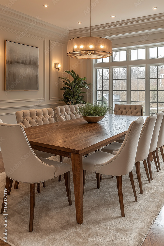 Fototapeta premium Photographie intérieure d'une salle à manger élégante et spacieuse avec une grande table en bois pour les repas en famille