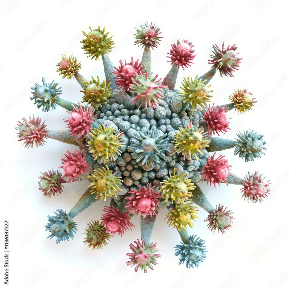 Fototapeta premium Microscopic view of virus or bacteria with spikes and globules, potentially representing infection or disease