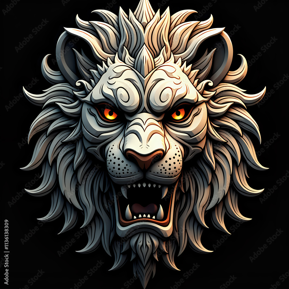 Fototapeta premium Fierce Stone Lion Head with Glowing Orange Eyes in Gothic Style