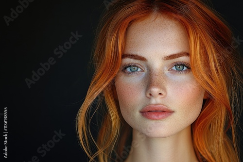 Red haired woman with freckles and blue eyes