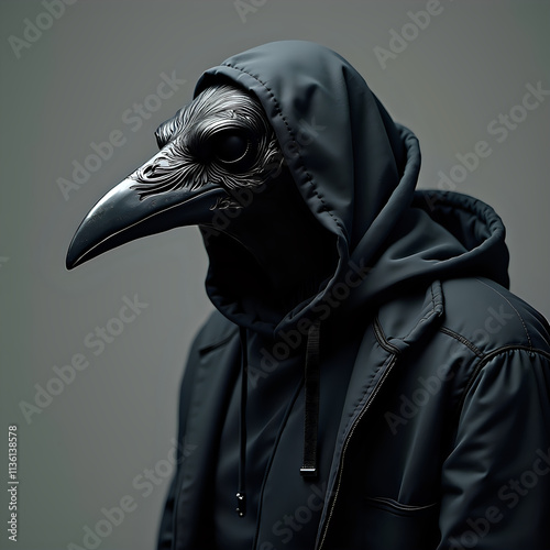 Gothic Raven Mask with Dark Metallic Finish Against Gray Background