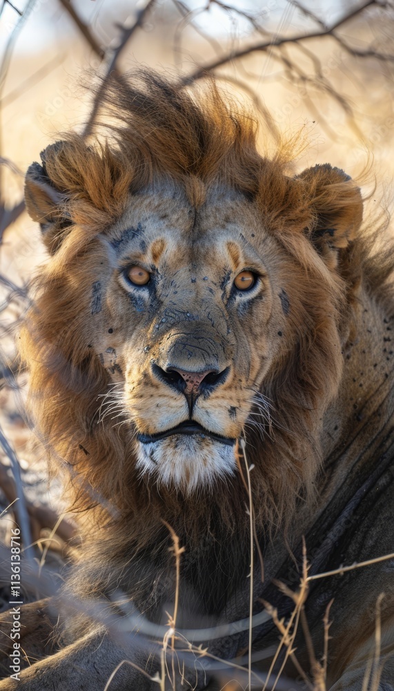 Fototapeta premium Majestic portrait of a lion showcasing its impressive mane and intense gaze in stunning detail