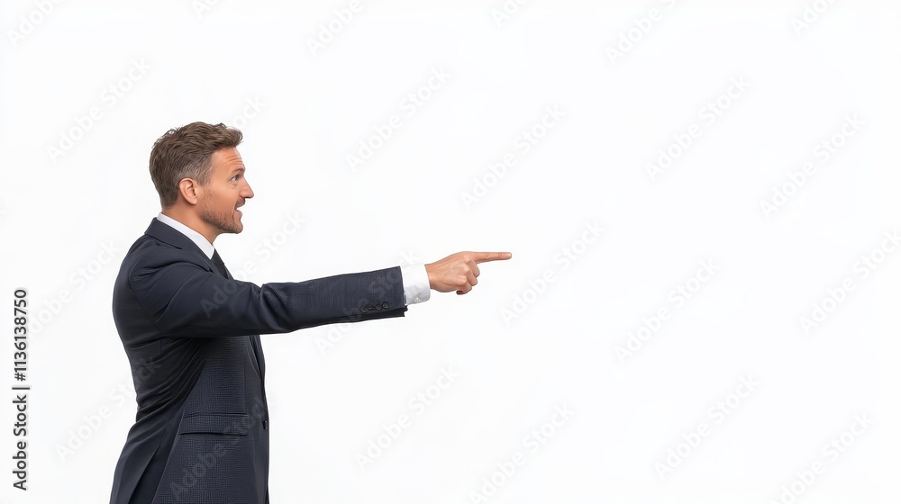 Young businessman pointing away concept. Businessman pointing to the right on a white background Young businessman pointing away concept. Businessman pointing to the right on a white background