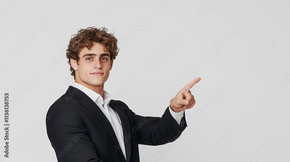 Young businessman pointing away concept. Confident man in a suit pointing to the side against a neutral background. Young businessman pointing away concept. Confident man in a suit pointing to the side against a neutral background.