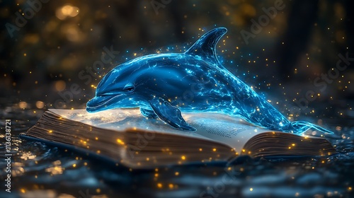 Holographic glowing blue dolphin resting calmly on closed book with blurred background