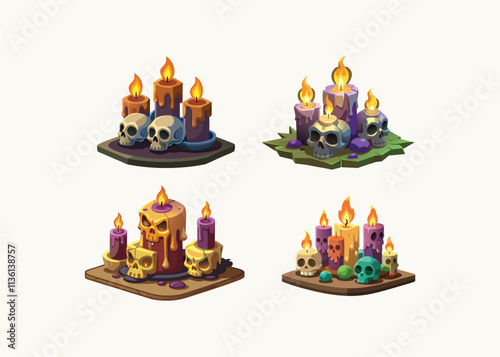 Set of Day of Dead colorful vintage concept with skull burning candles and beautiful rose flowers Isolated object on a white background photo