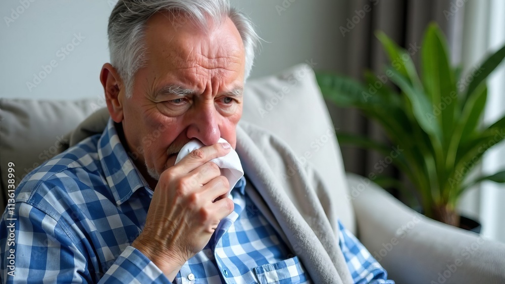 Sick elderly man sitting on sofa and sneezing into tissue Sick elderly man sitting on sofa and sneezing into tissue