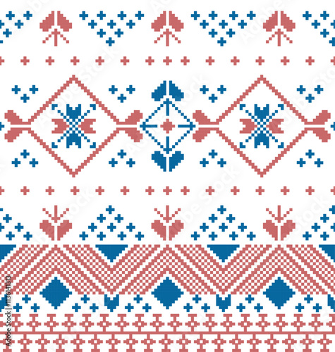 Traditional Pixel Geometric Pattern.Traditional folk or Nordic textile and embroidery designs translated into pixel art style.