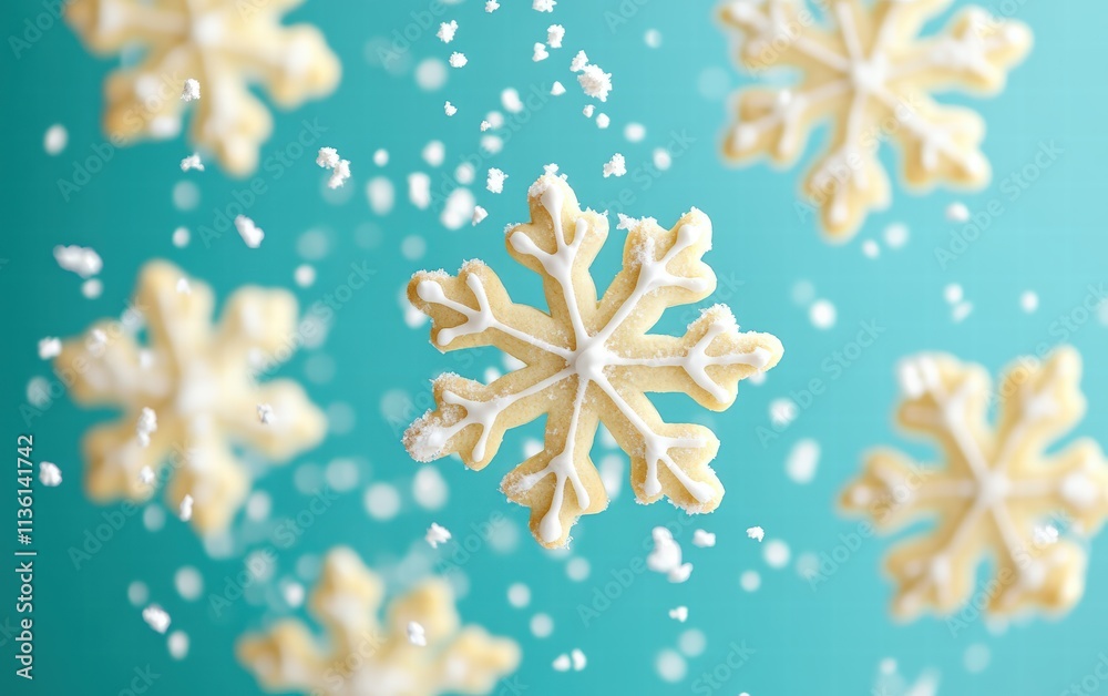 Fototapeta premium Festive snowflake-shaped cookies floating mid-air on a bright turquoise background