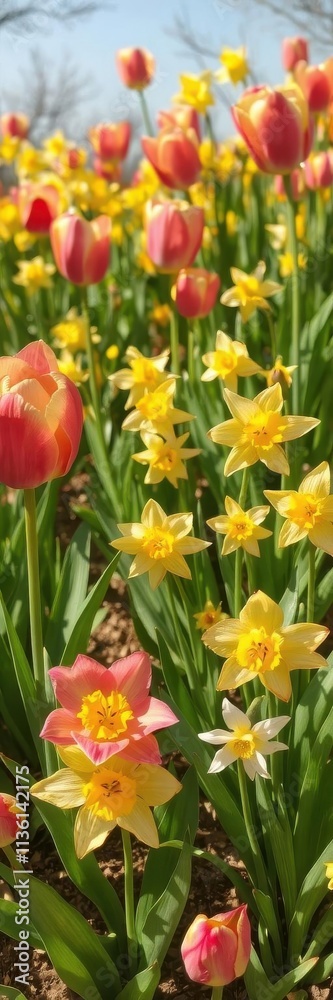 Vibrant spring tulips and daffodils blooming in a sunlit garden, ample copy space, fresh, sunlight, sunshine Vibrant spring tulips and daffodils blooming in a sunlit garden, ample copy space, fresh, sunlight, sunshine