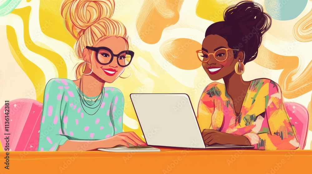 Smiling Women Collaborating on Laptop at Table: A Multicultural Technology Exchange