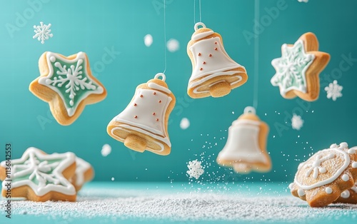 Sugar cookies shaped like bells and ornaments with icing details floating mid-air on a bright teal background for christmas photo