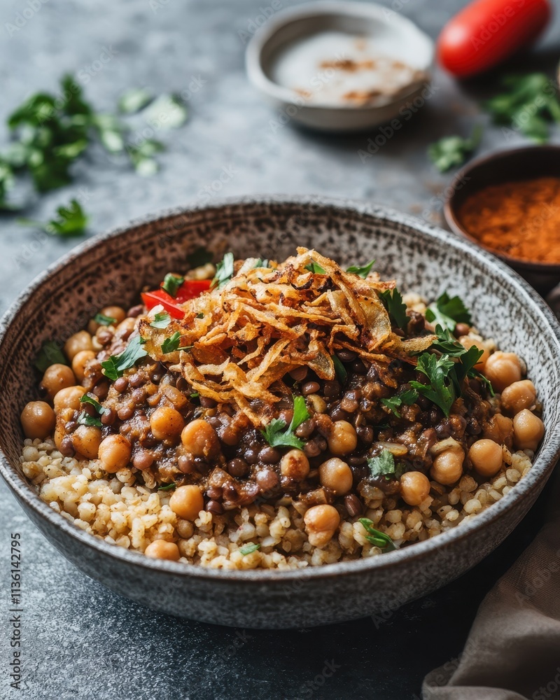 A bowl of couscous topped with lentils, chickpeas, herbs, and crispy onions. A bowl of couscous topped with lentils, chickpeas, herbs, and crispy onions.