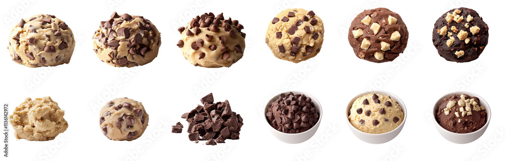Assorted chocolate chip cookie dough balls and bowls Assorted chocolate chip cookie dough balls and bowls