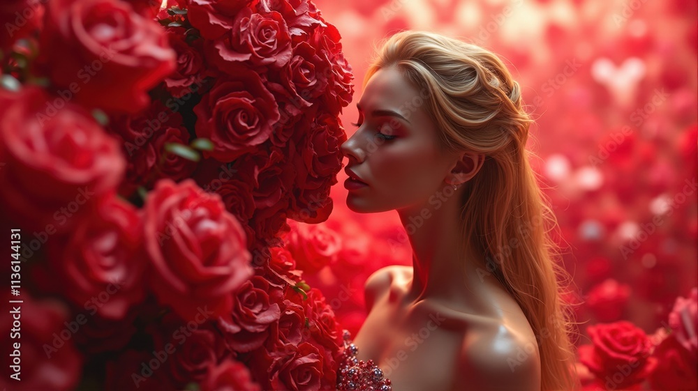 Model kissing red roses in a romantic flower scenery