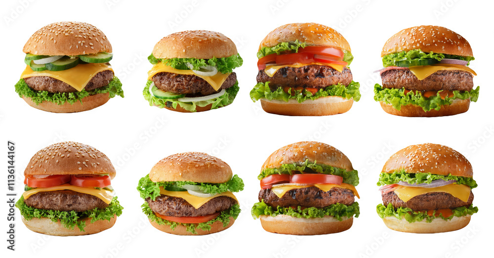 Variety of burgers with fresh ingredients isolated on transparent background Variety of burgers with fresh ingredients isolated on transparent background