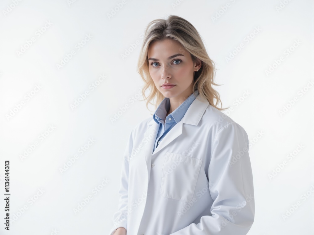 Serious female doctor wearing white coat posing in studio Serious female doctor wearing white coat posing in studio