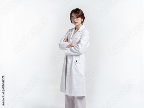 Confident asian doctor posing with crossed arms on white background