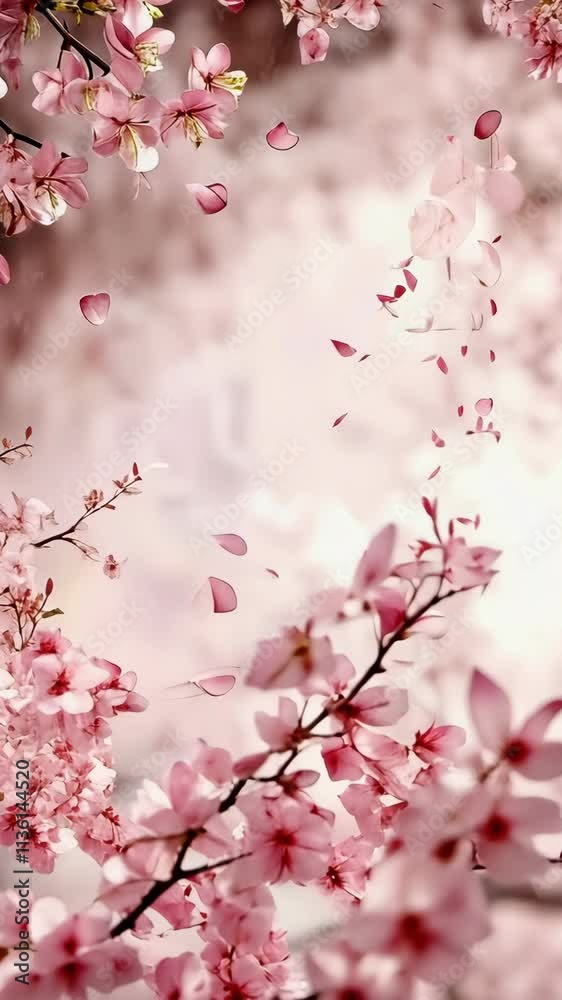 Delicate pink cherry blossoms gently falling in a serene spring garden during the blooming season Delicate pink cherry blossoms gently falling in a serene spring garden during the blooming season