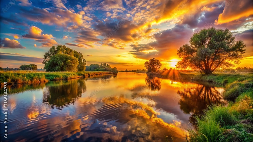 Fototapeta premium Golden Hour River Sunset Photography: Low Light Landscape Images