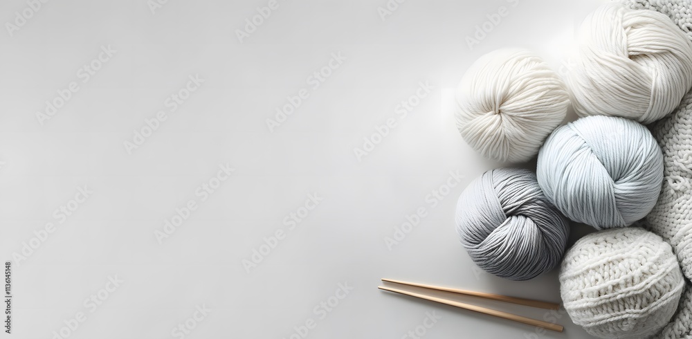 A serene and relaxing scene with soft balls of yarn in different colors, arranged one on top of the other with needles next to each other. Highlighting handicrafts to increase people's interest. A serene and relaxing scene with soft balls of yarn in different colors, arranged one on top of the other with needles next to each other. Highlighting handicrafts to increase people's interest.
