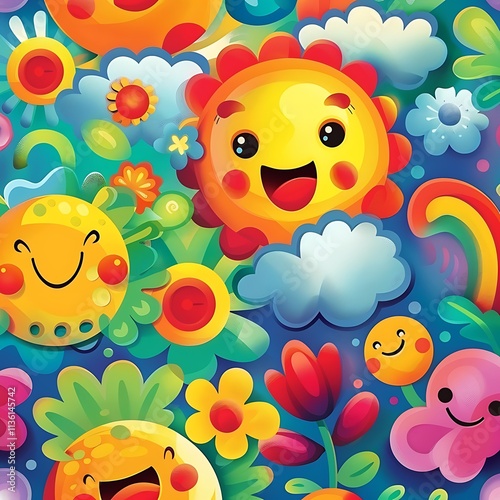 Joyful sun and flower pattern vibrant background digital art cheerful design whimsical style