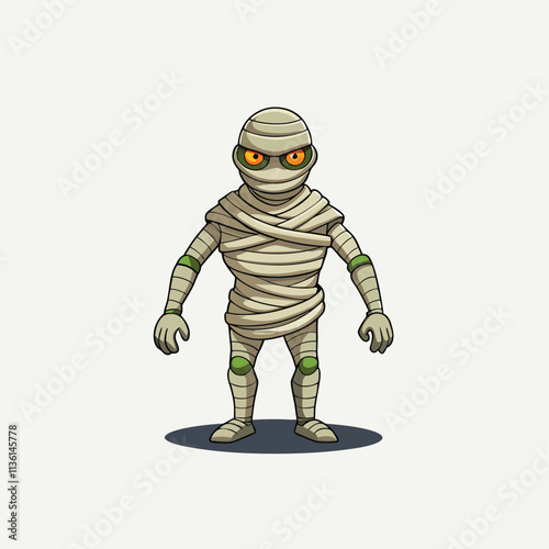 Adorable Mummy Wrapped in Bandages Standing in Dark Tomb Isolated vector illustration