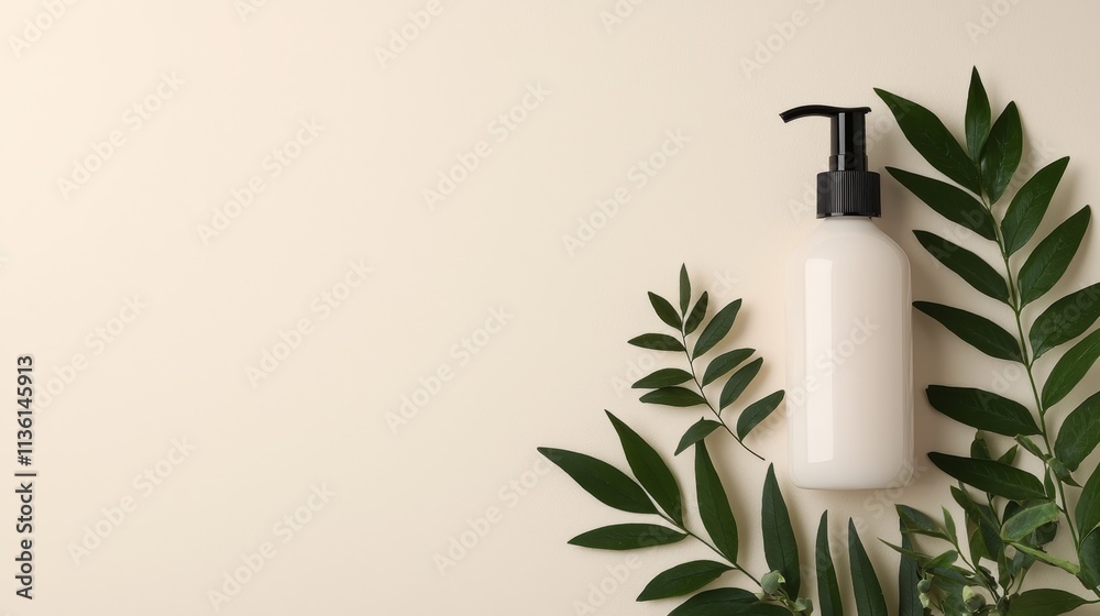 Elegant Skincare Product Display with Green Leaves on Soft Beige Background Elegant Skincare Product Display with Green Leaves on Soft Beige Background