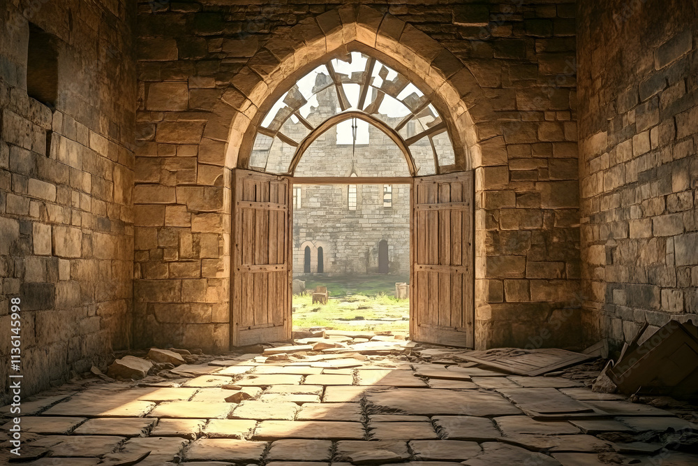 Fototapeta premium Sunlit arched doorway in a ruined stone building.