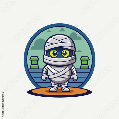 Adorable Mummy Wrapped in Bandages Standing in Dark Tomb Isolated vector illustration