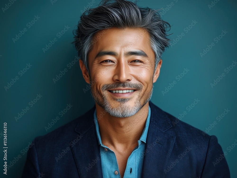 Fototapeta premium Asian man with a smile on his face is wearing a suit and a shirt in studio color background