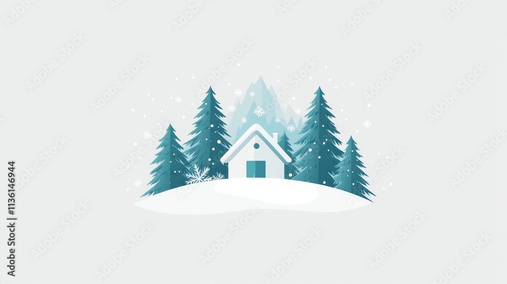 Fototapeta premium Cozy Winter House in Snowy Mountain Landscape.