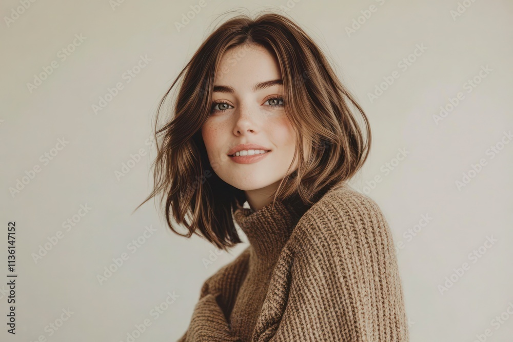 Young pretty smiling girl portrait wearing warm sweater Mocha Mousse colored image Young pretty smiling girl portrait wearing warm sweater Mocha Mousse colored image