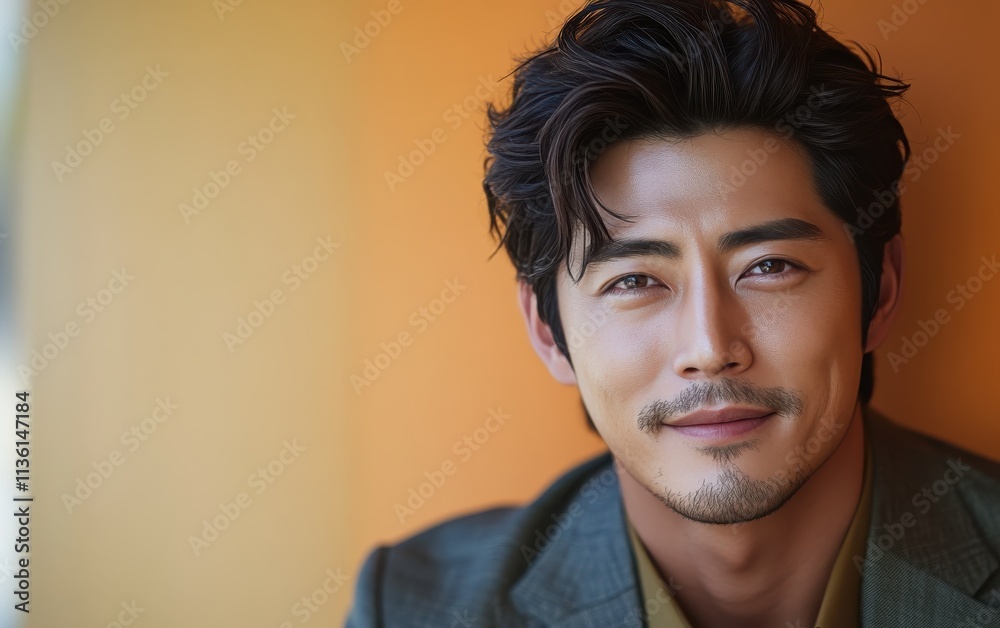 Asian man with a smile on his face is wearing a suit and a shirt in studio color background Asian man with a smile on his face is wearing a suit and a shirt in studio color background