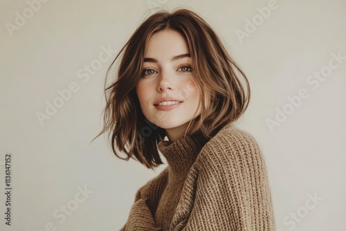 Young pretty smiling girl portrait wearing warm sweater Mocha Mousse colored image